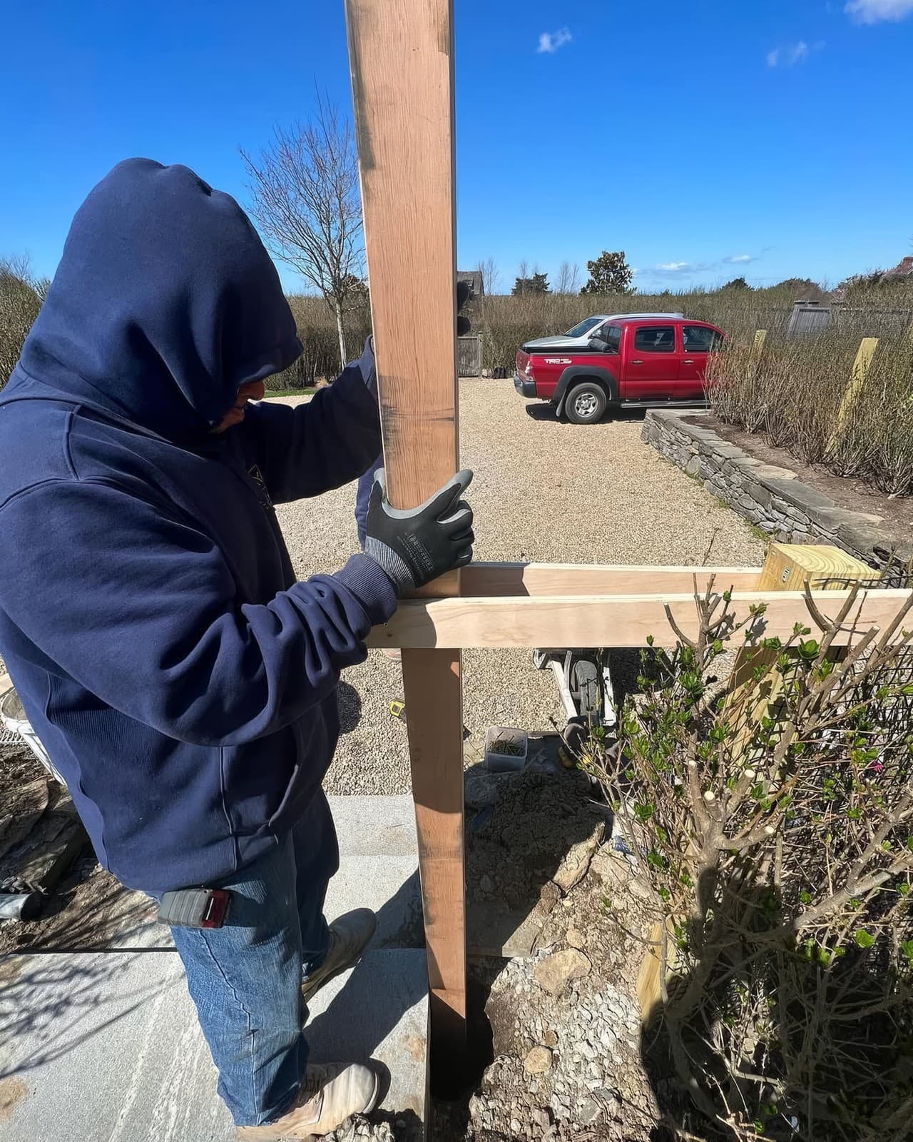 Orozco Construction crew building a pergola on Nantucket